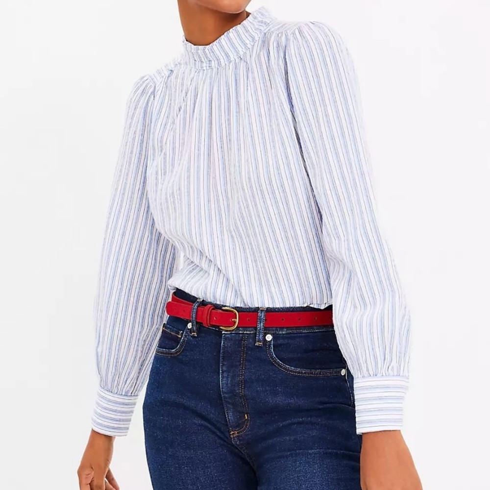 ✨ NWT Loft Blue White Stripe High Neck Cotton Blouse Ruffle Beachy Size Small